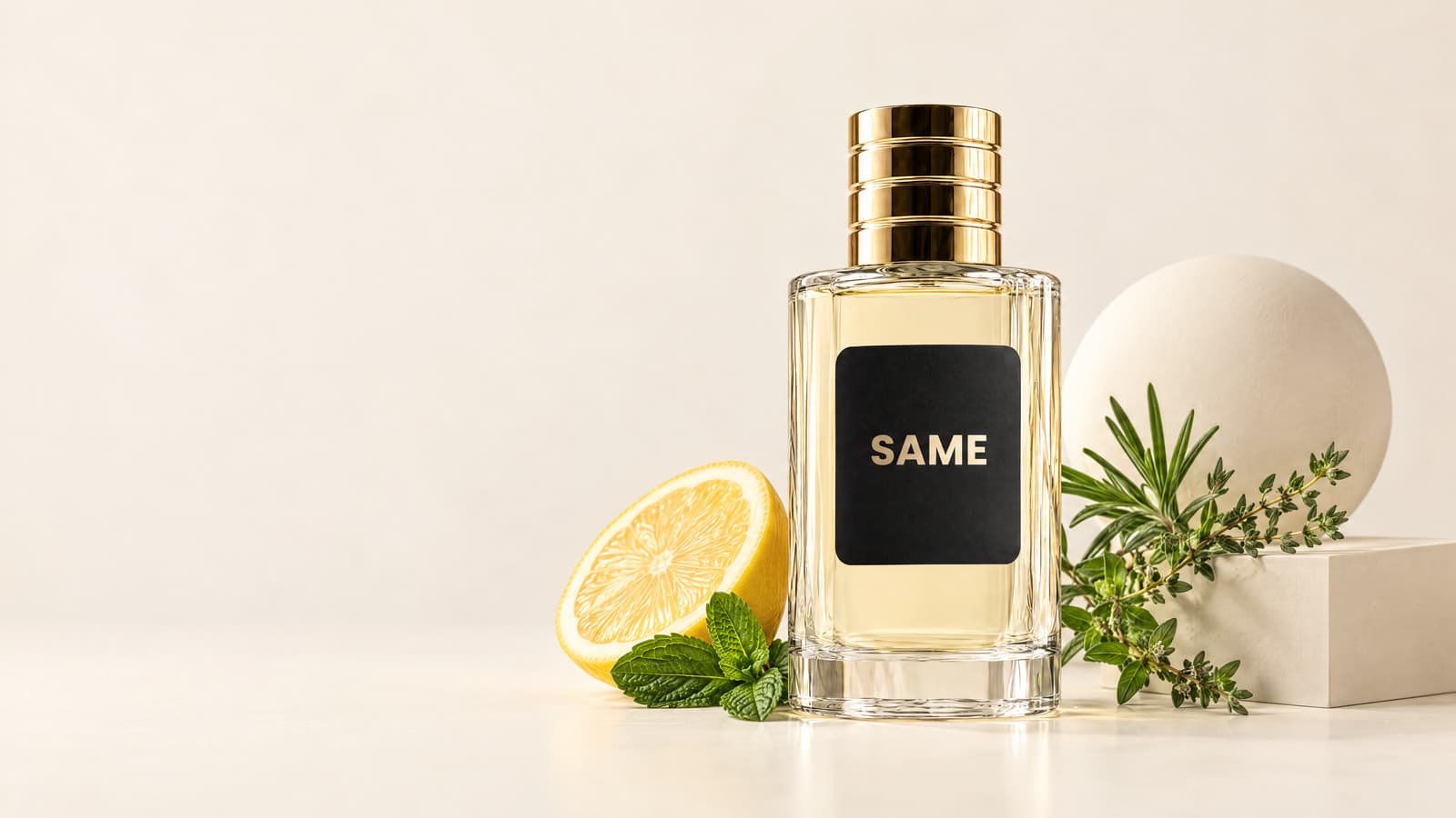 Frasco SAME sobre fondo crema con limón y menta: la concentración Clásico