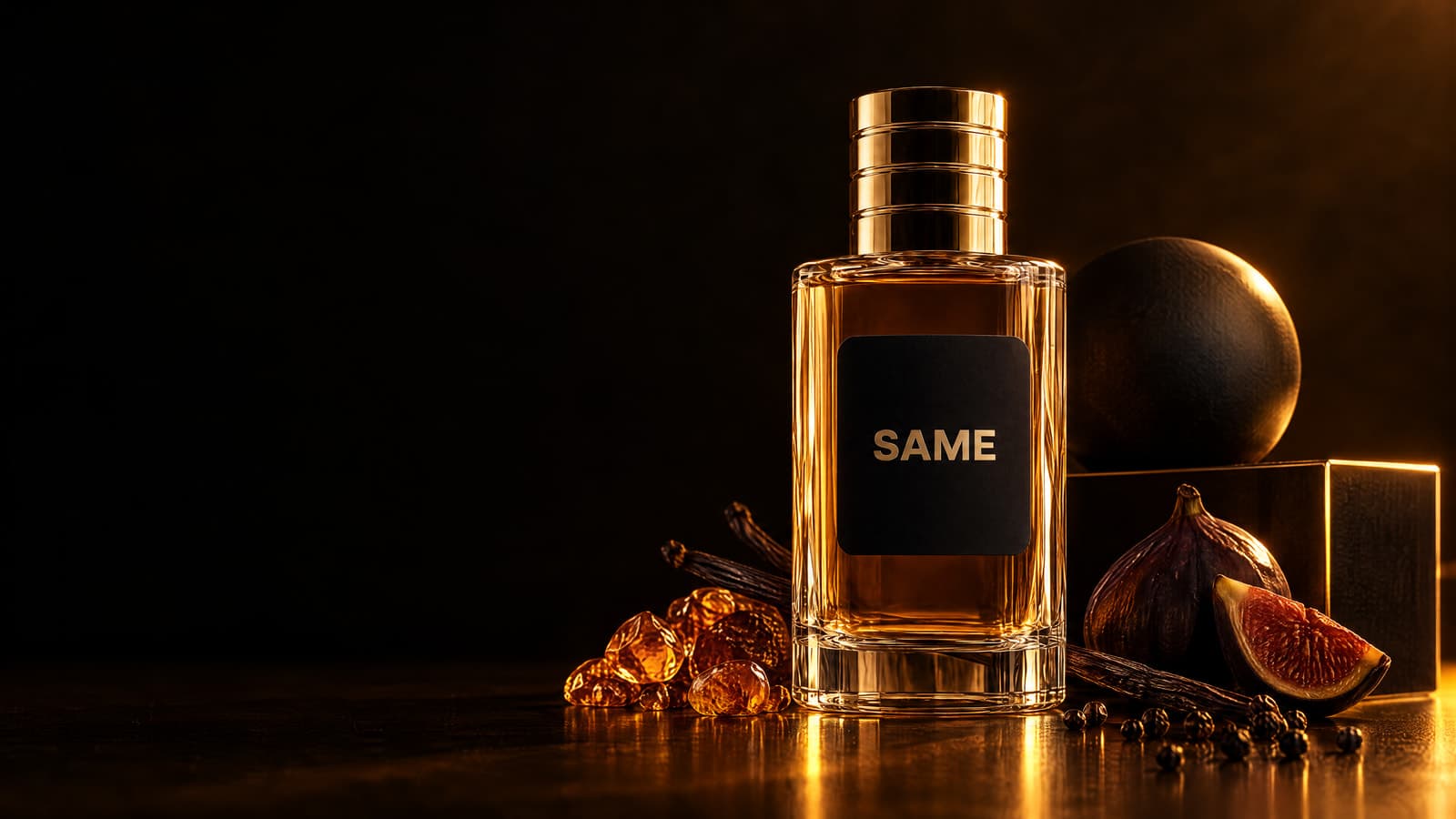 Frasco SAME sobre fondo negro con luz dorada, ámbar y vainilla: la concentración Elixir