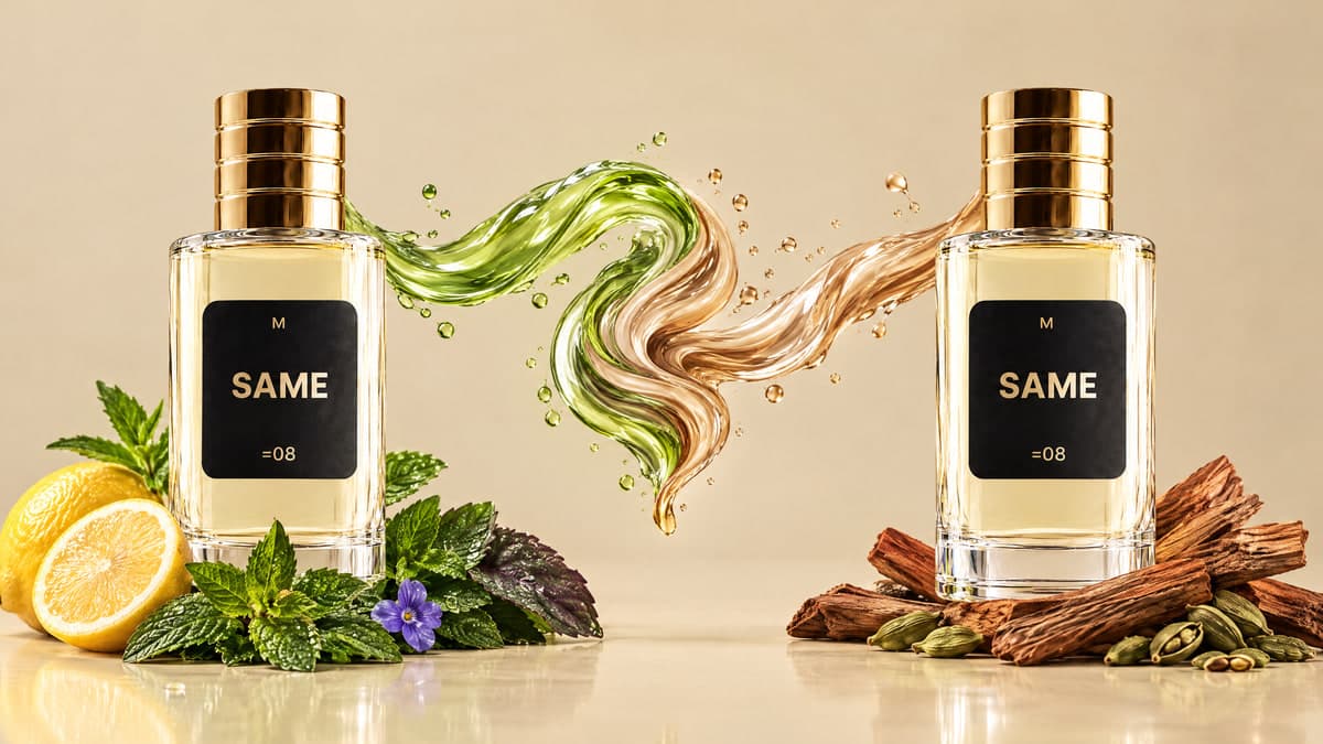 Dos frascos SAME con un remolino verde y sándalo mezclándose entre ellos, con limón y menta