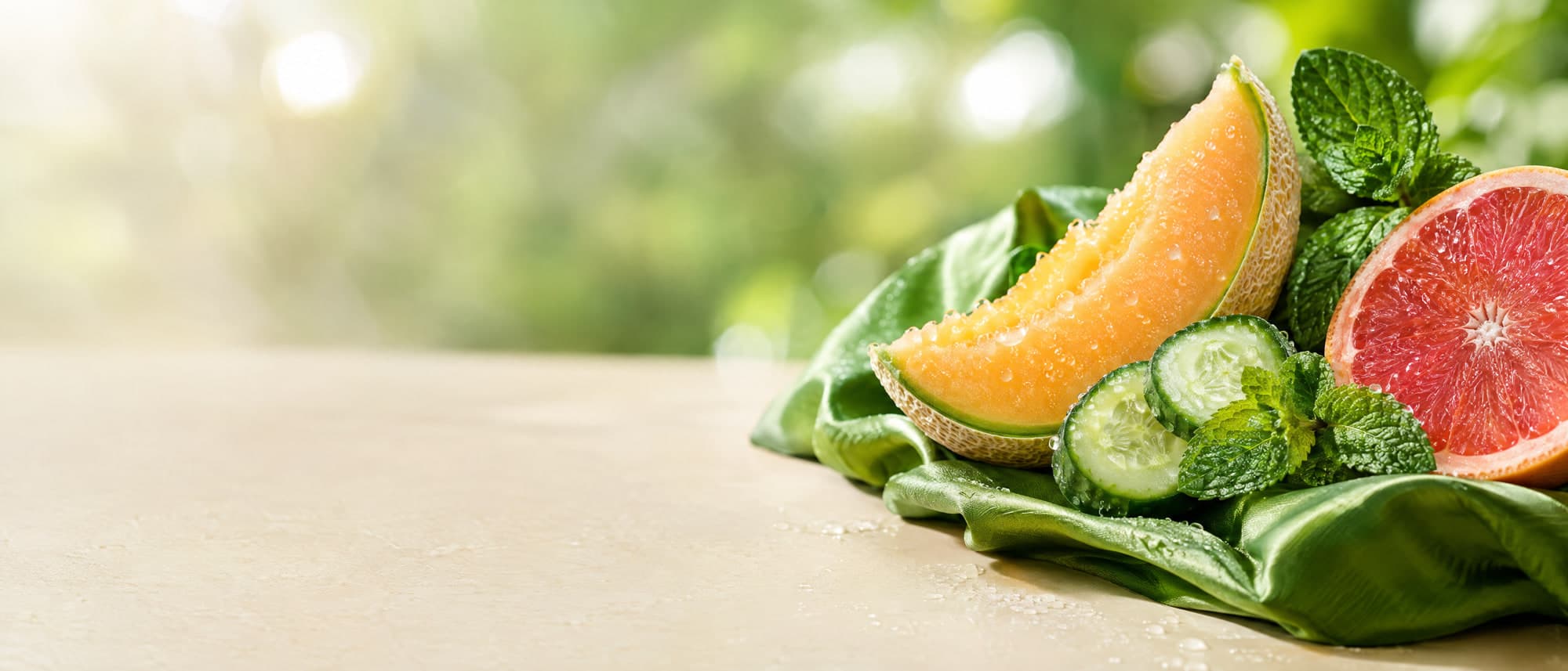 Melón, pepino, pomelo y menta con gotas de agua sobre seda verde, con fondo verde desenfocado