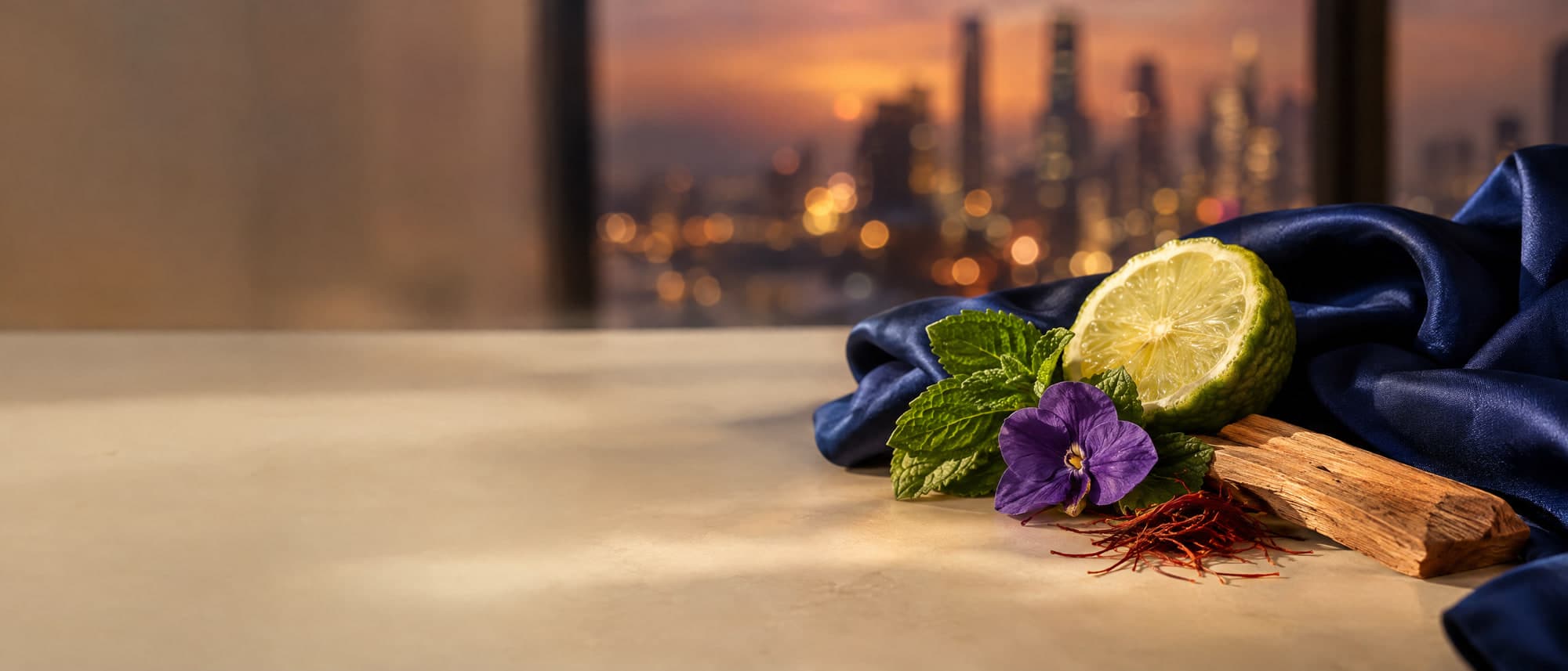 Bergamota, menta, violeta y sándalo sobre seda azul zafiro, con las luces de la ciudad al atardecer desenfocadas al fondo
