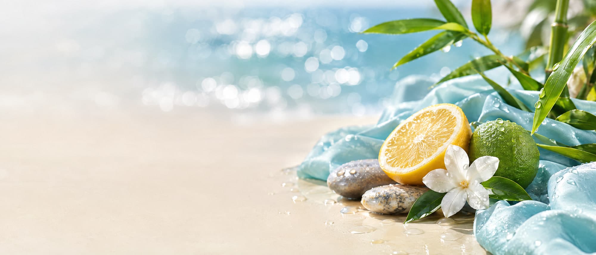 Limón, lima, bambú y piedras mojadas sobre seda azul agua, con el mar desenfocado al fondo