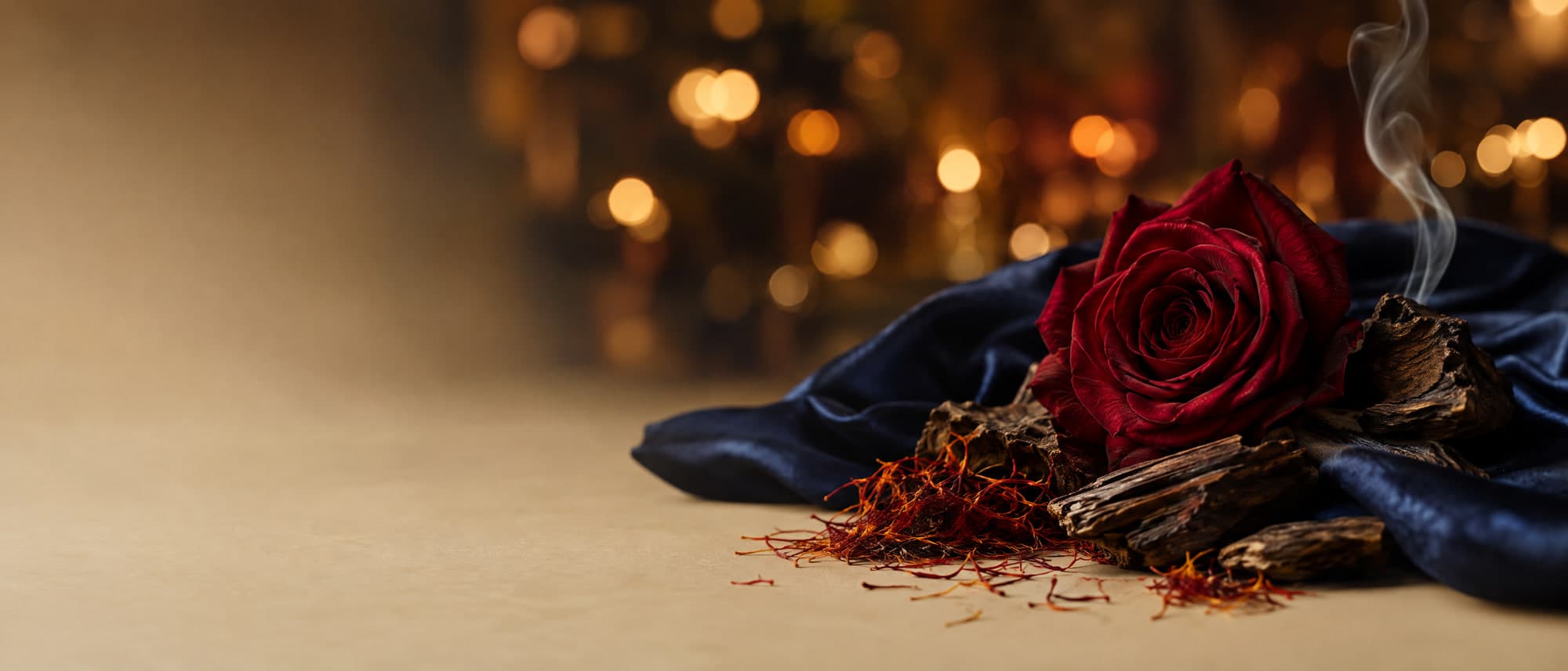 Rosa oscura, azafrán, madera de oud e incienso sobre seda azul, con luces de club desenfocadas al fondo