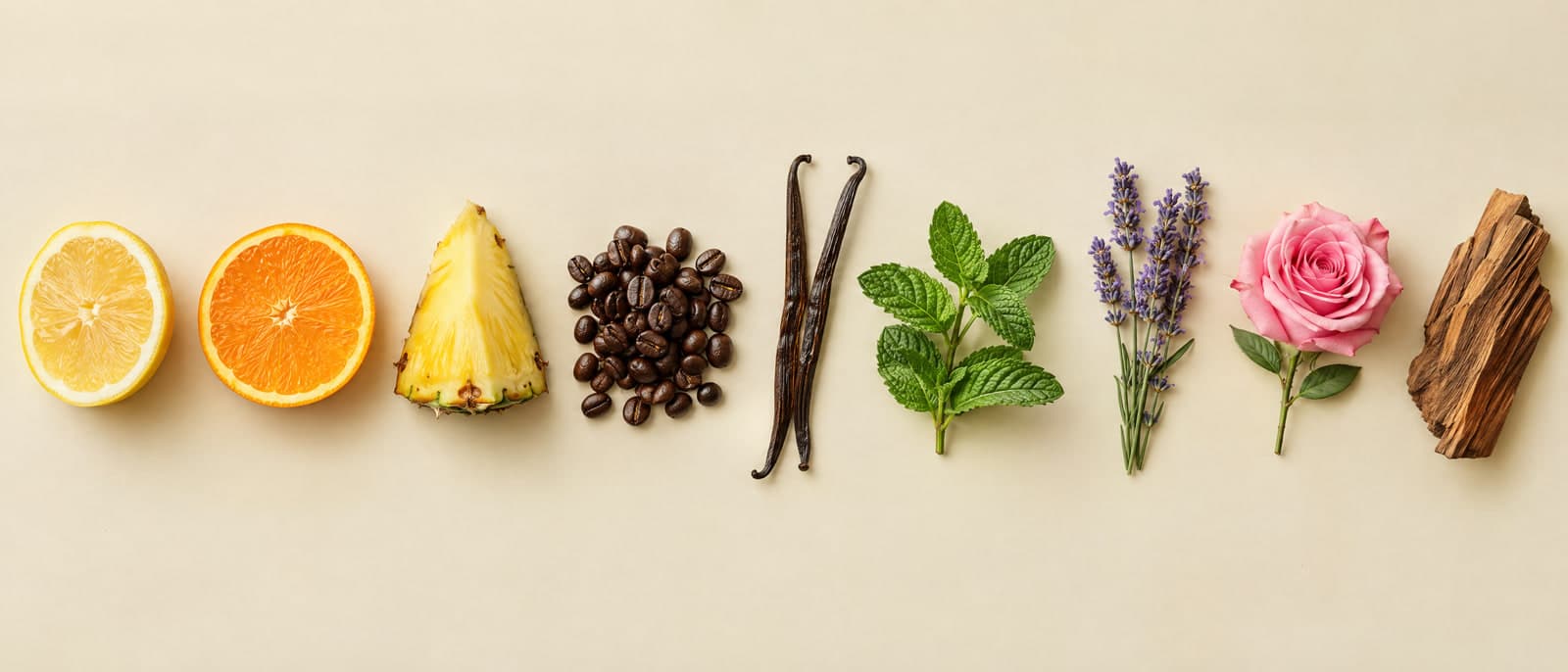 Ingredientes de las fragancias SAME: limón, naranja, piña, café, vainilla, menta, lavanda, rosa y cedro