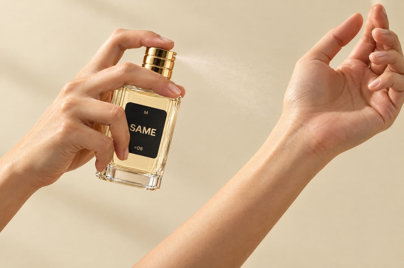 Alguien aplicándose un perfume SAME en la muñeca