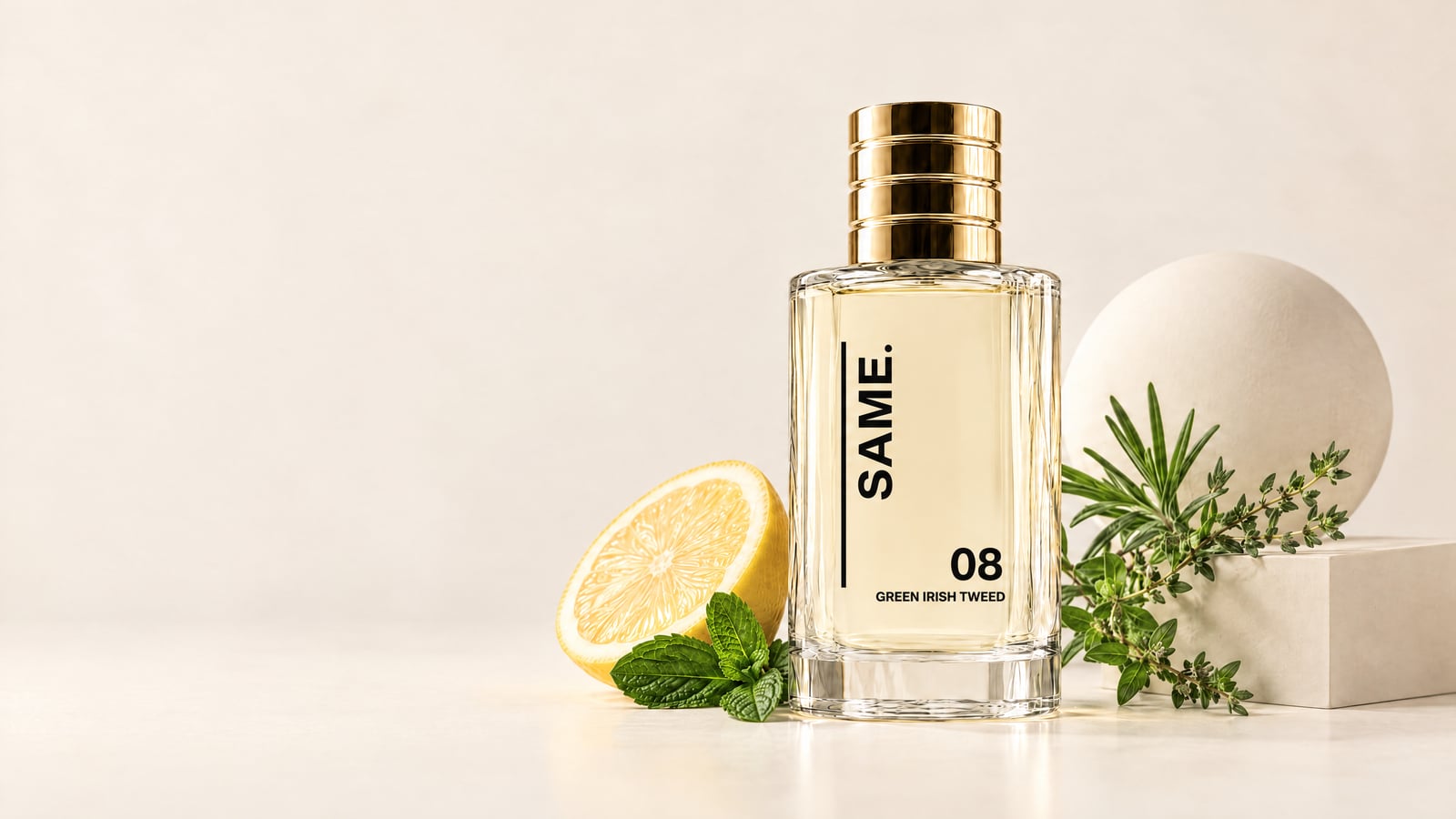 Frasco SAME sobre fondo crema con limón y menta: la concentración Clásico