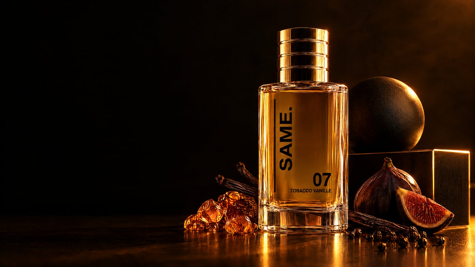 Frasco SAME sobre fondo negro con luz dorada, ámbar y vainilla: la concentración Elixir