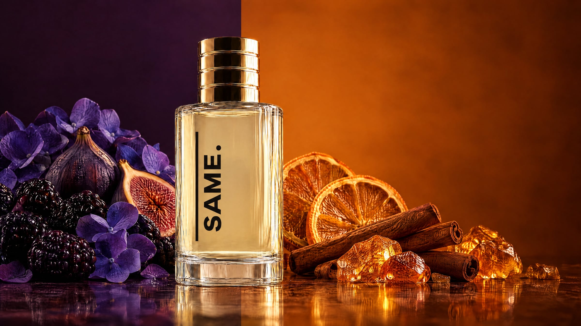 Un frasco SAME entre dos mundos: moras e higos sobre morado, naranja y canela sobre ámbar — Crea tu Aroma